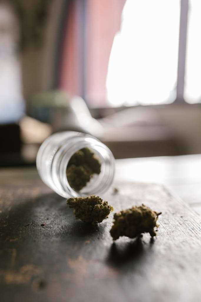 Artistic close-up of cannabis buds spilling from a glass jar, showcasing texture and depth.